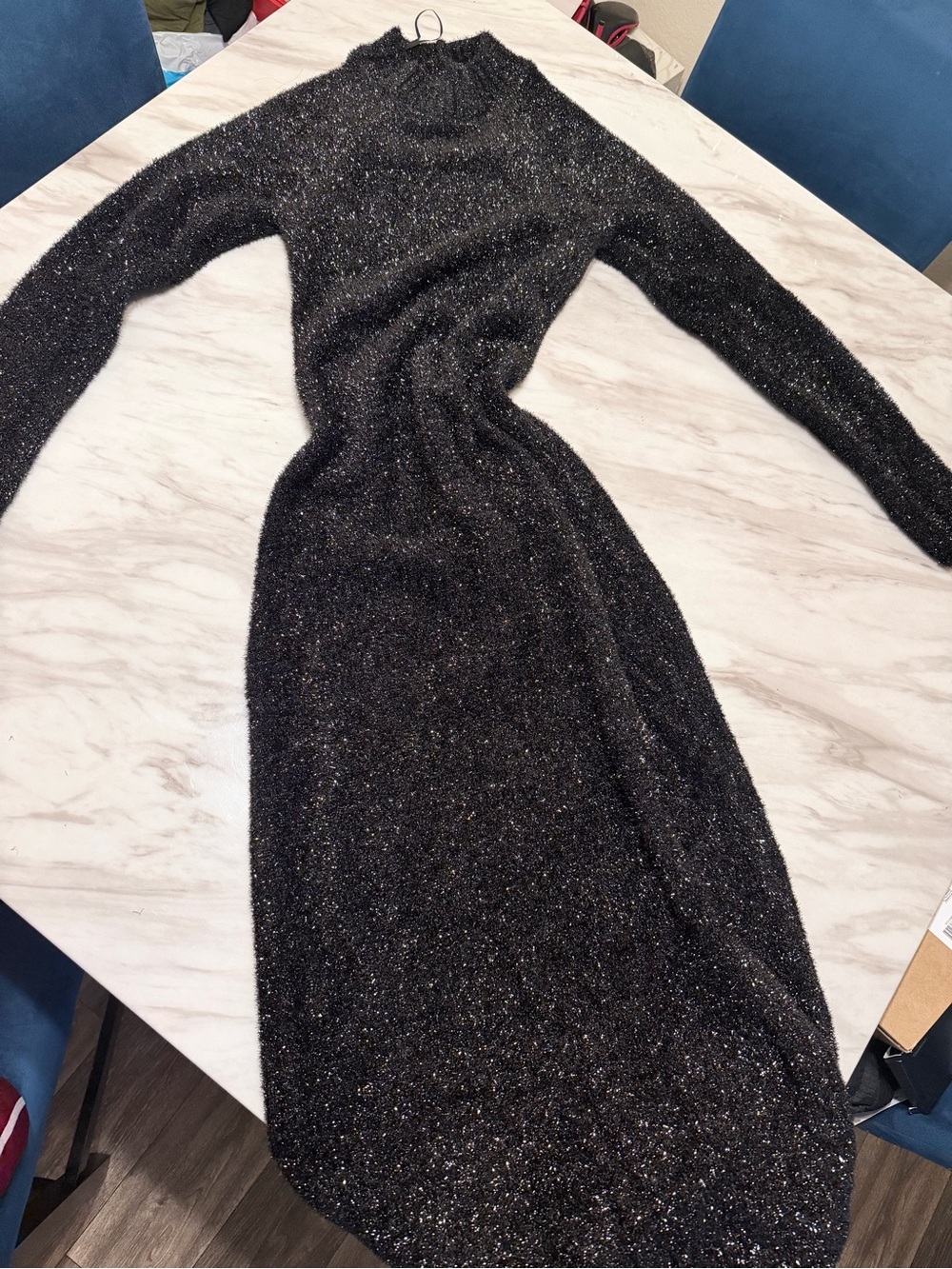 Zara Black Metallic Sparkle Long-Sleeve Midi Dress